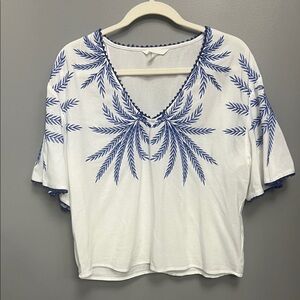 H&M White Blouse with Blue Embroidery
